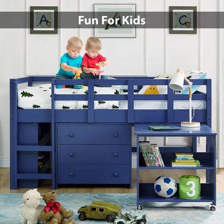 Lit mezzanine jumeau avec bureau, lit mezzanine jumeau bas pour enfants avec rangement, lit mezzanine en pin pour enfants, lit mezzanine jumeau avec armoire