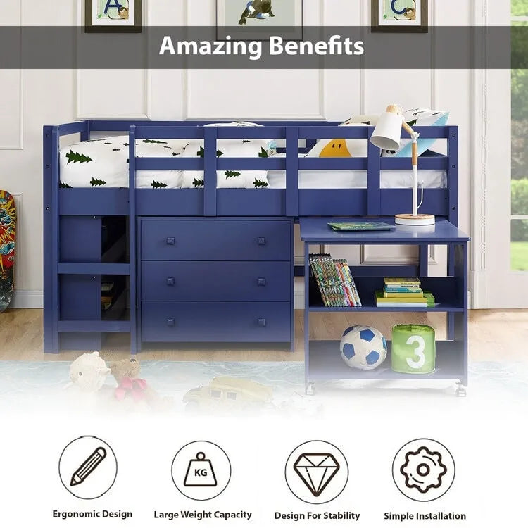 Lit mezzanine jumeau avec bureau, lit mezzanine jumeau bas pour enfants avec rangement, lit mezzanine en pin pour enfants, lit mezzanine jumeau avec armoire