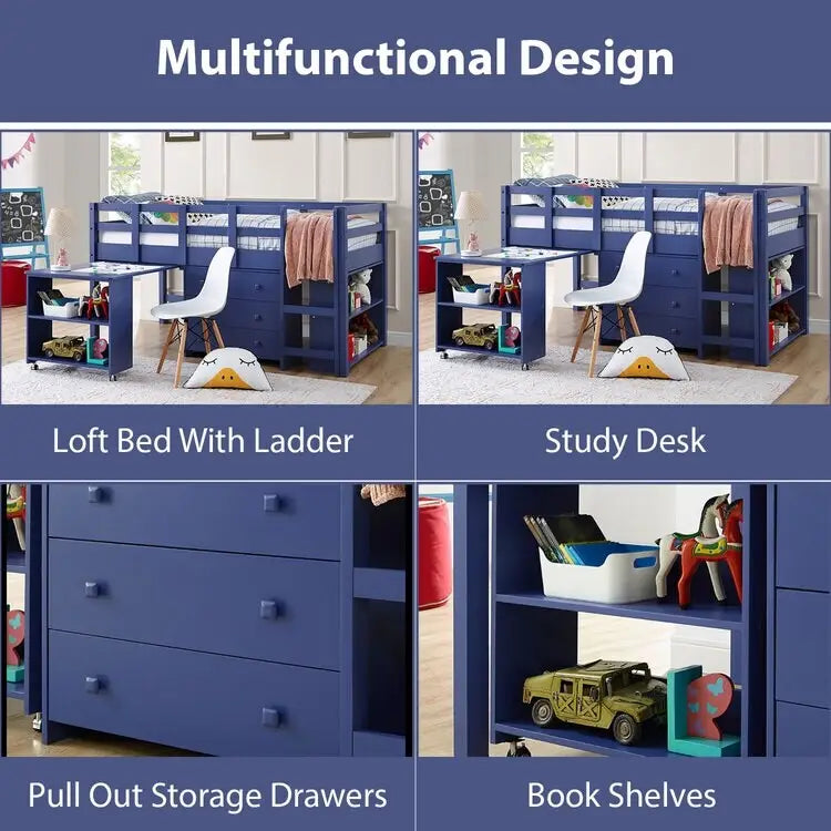 Lit mezzanine jumeau avec bureau, lit mezzanine jumeau bas pour enfants avec rangement, lit mezzanine en pin pour enfants, lit mezzanine jumeau avec armoire