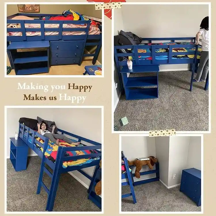 Lit mezzanine jumeau avec bureau, lit mezzanine jumeau bas pour enfants avec rangement, lit mezzanine en pin pour enfants, lit mezzanine jumeau avec armoire