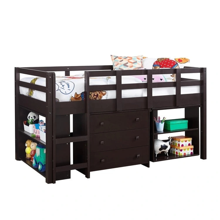 Lit mezzanine jumeau avec bureau, lit mezzanine jumeau bas pour enfants avec rangement, lit mezzanine en pin pour enfants, lit mezzanine jumeau avec armoire