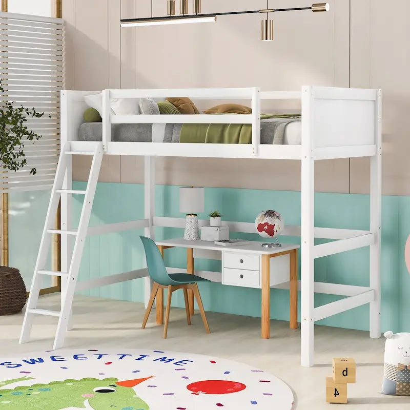 Lit mezzanine double en bois massif avec échelle