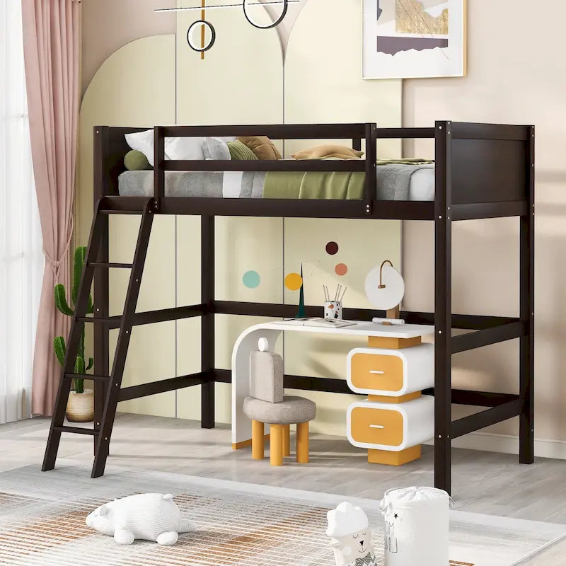 Lit mezzanine double en bois massif avec échelle