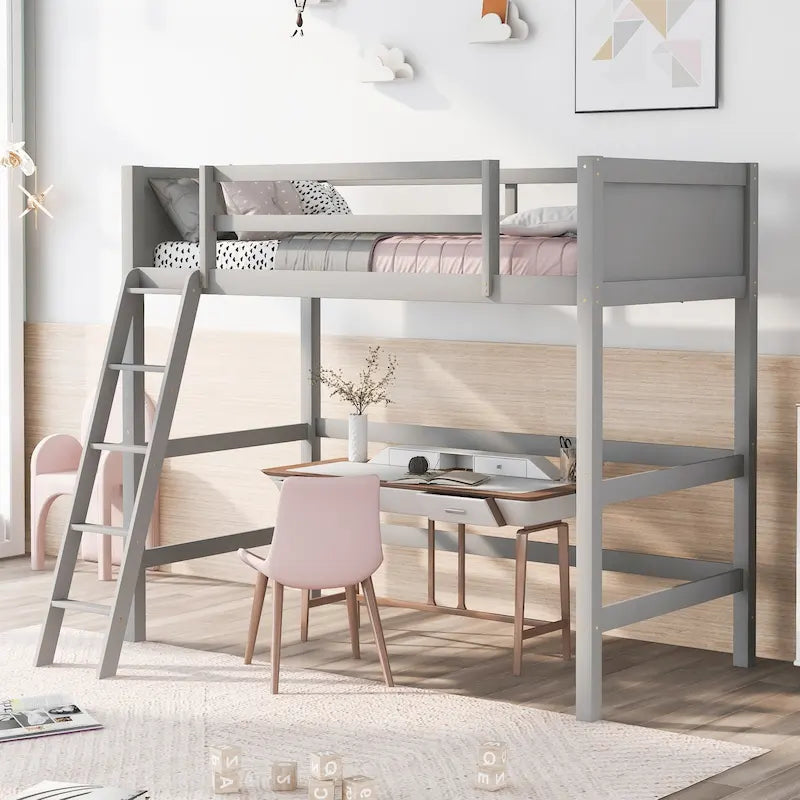 Lit mezzanine double en bois massif avec échelle