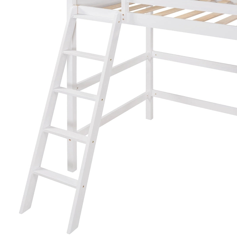 Lit mezzanine double en bois massif avec échelle
