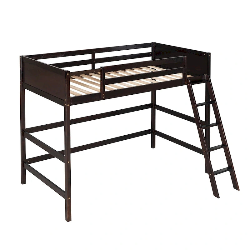 Lit mezzanine double en bois massif avec échelle