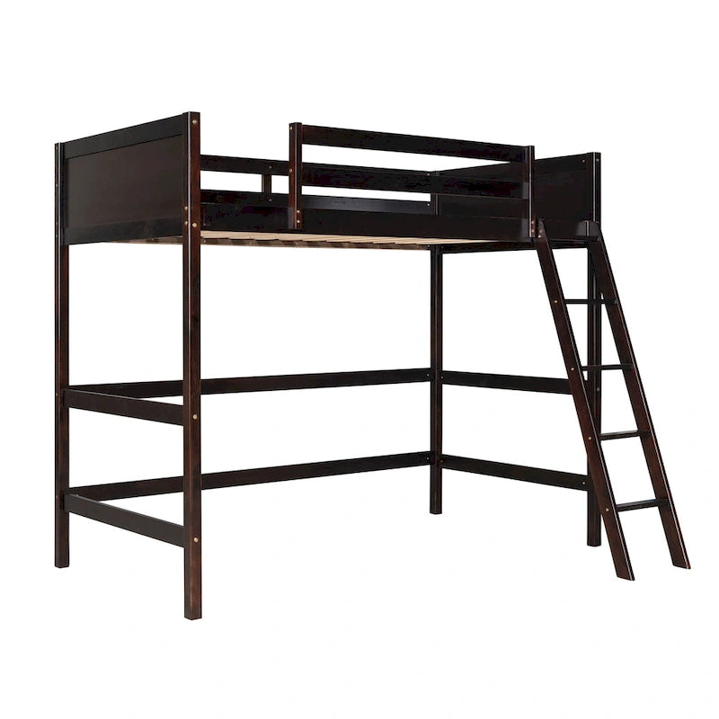 Lit mezzanine double en bois massif avec échelle