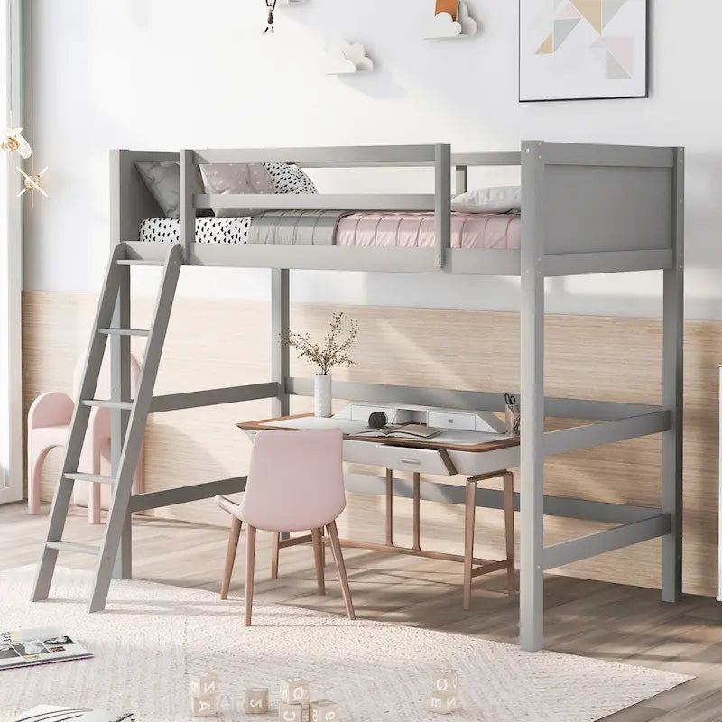 Lit mezzanine double en bois massif avec échelle