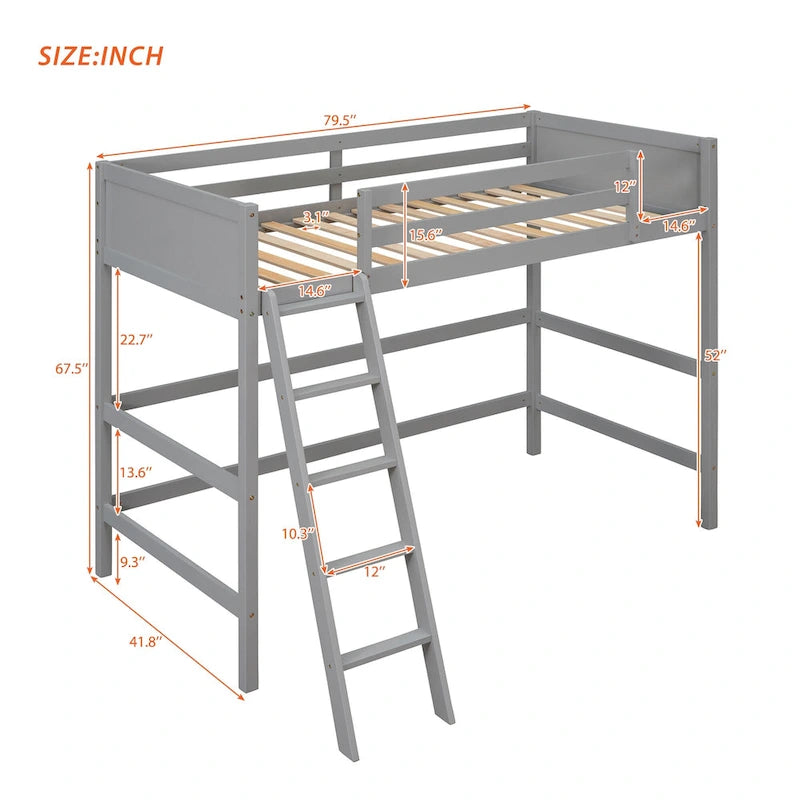 Lit mezzanine double en bois massif avec échelle