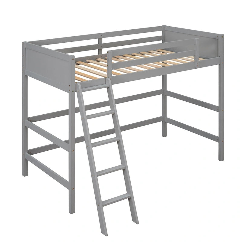 Lit mezzanine double en bois massif avec échelle