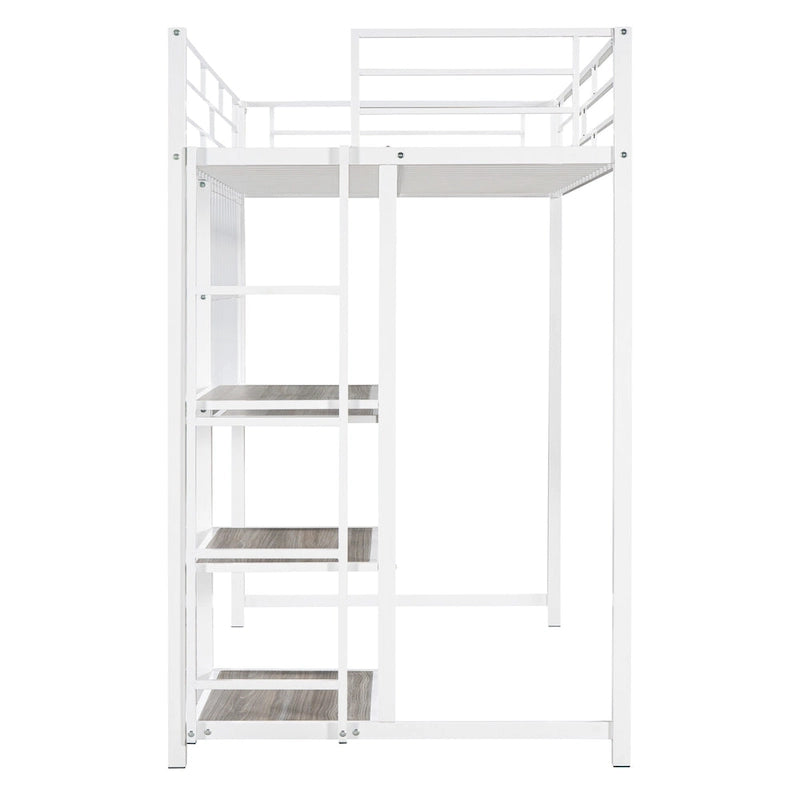 Lit mezzanine en métal avec 3 étagères et échelle