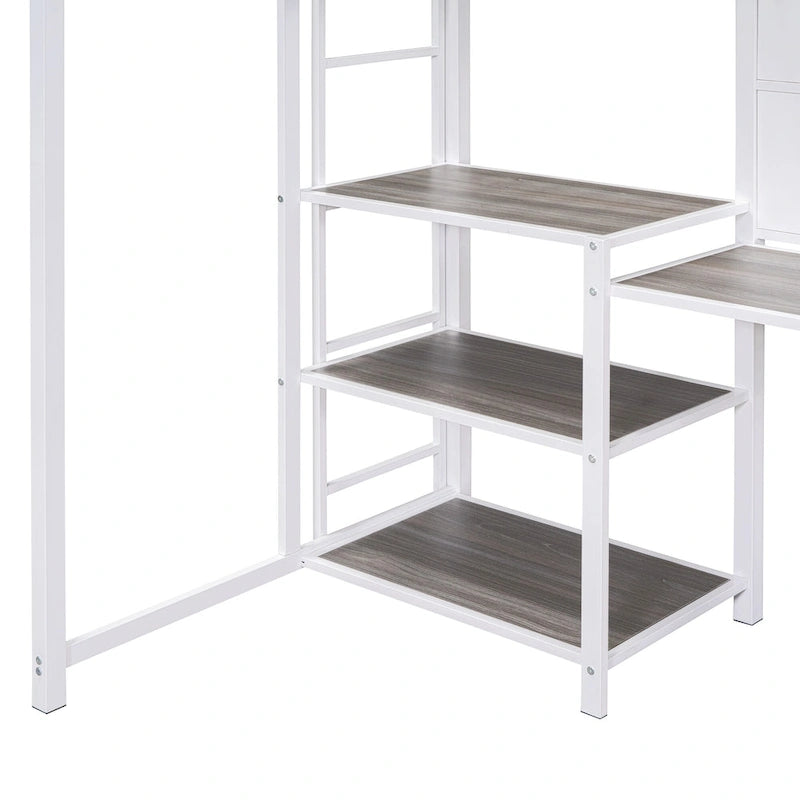 Lit mezzanine en métal avec 3 étagères et échelle