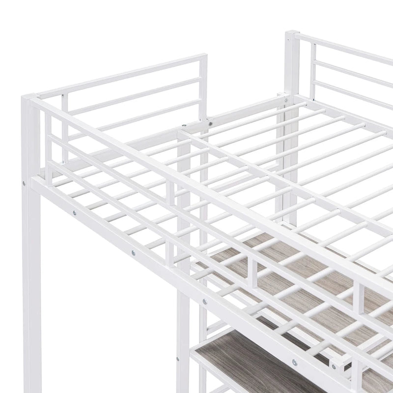 Lit mezzanine en métal avec 3 étagères et échelle