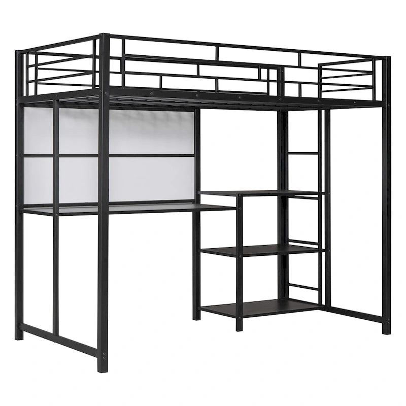 Lit mezzanine en métal avec 3 étagères et échelle