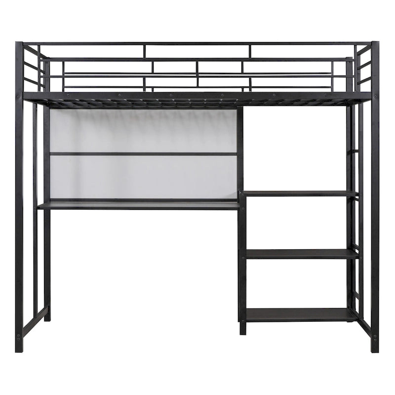 Lit mezzanine en métal avec 3 étagères et échelle