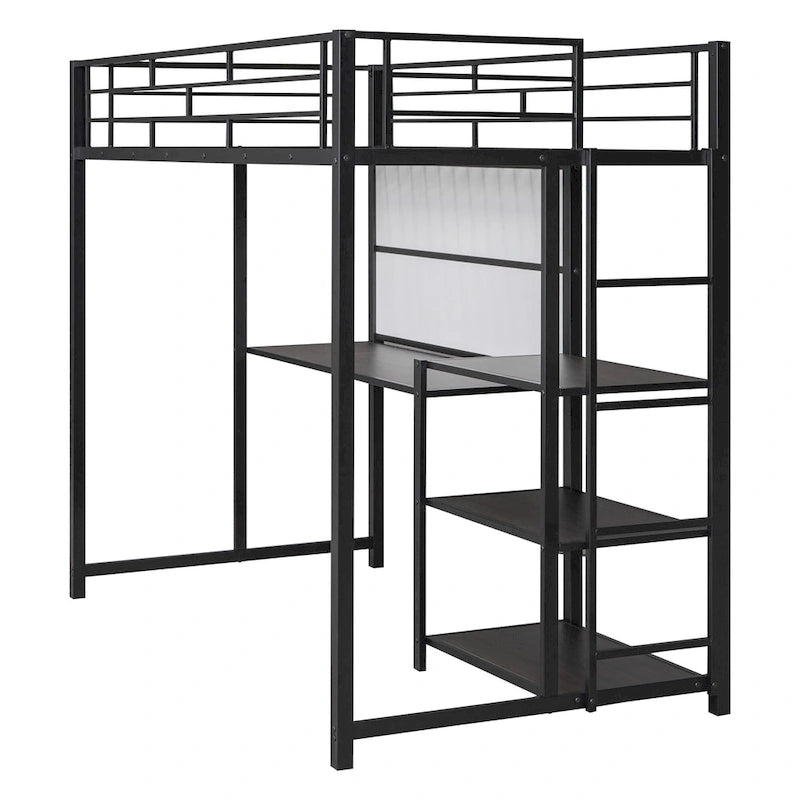 Lit mezzanine en métal avec 3 étagères et échelle
