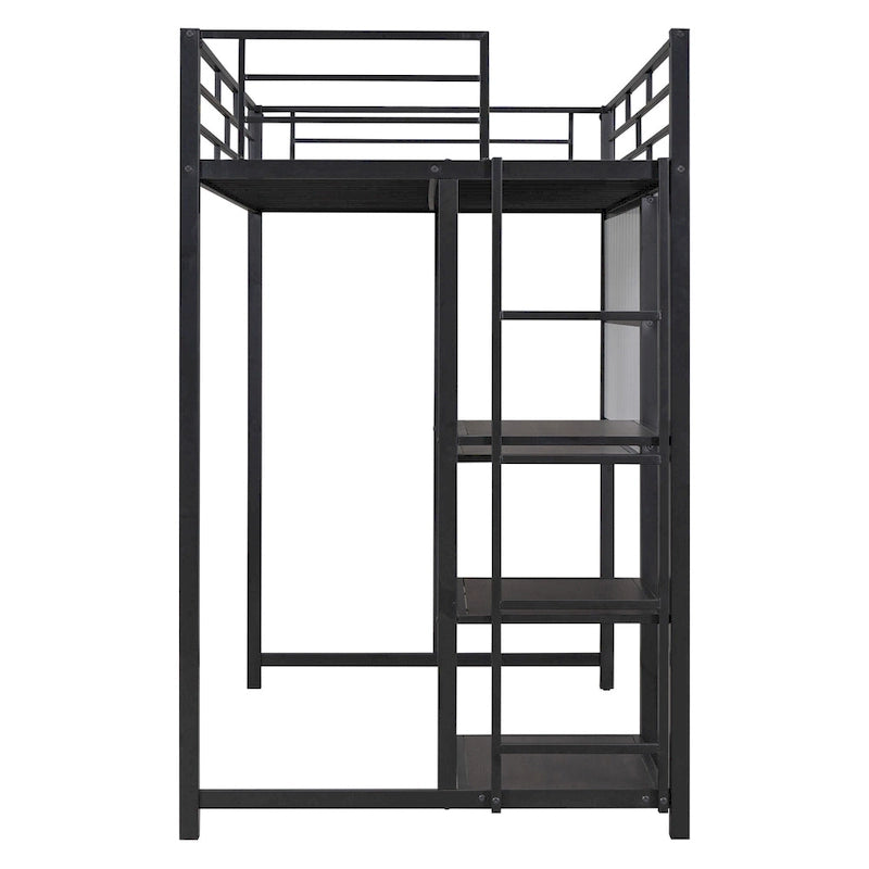 Lit mezzanine en métal avec 3 étagères et échelle
