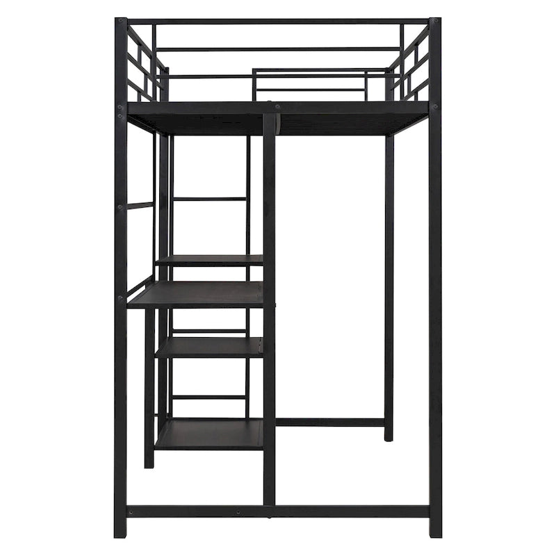 Lit mezzanine en métal avec 3 étagères et échelle