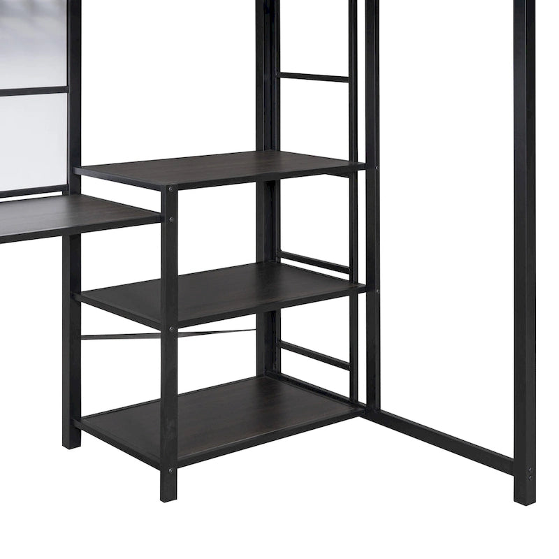 Lit mezzanine en métal avec 3 étagères et échelle