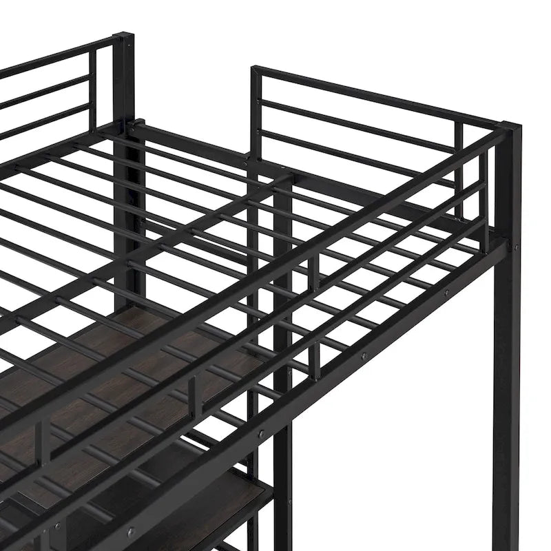 Lit mezzanine en métal avec 3 étagères et échelle