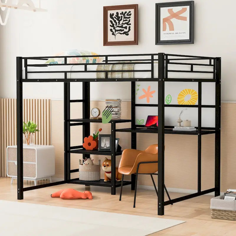 Lit mezzanine en métal avec 3 étagères et échelle