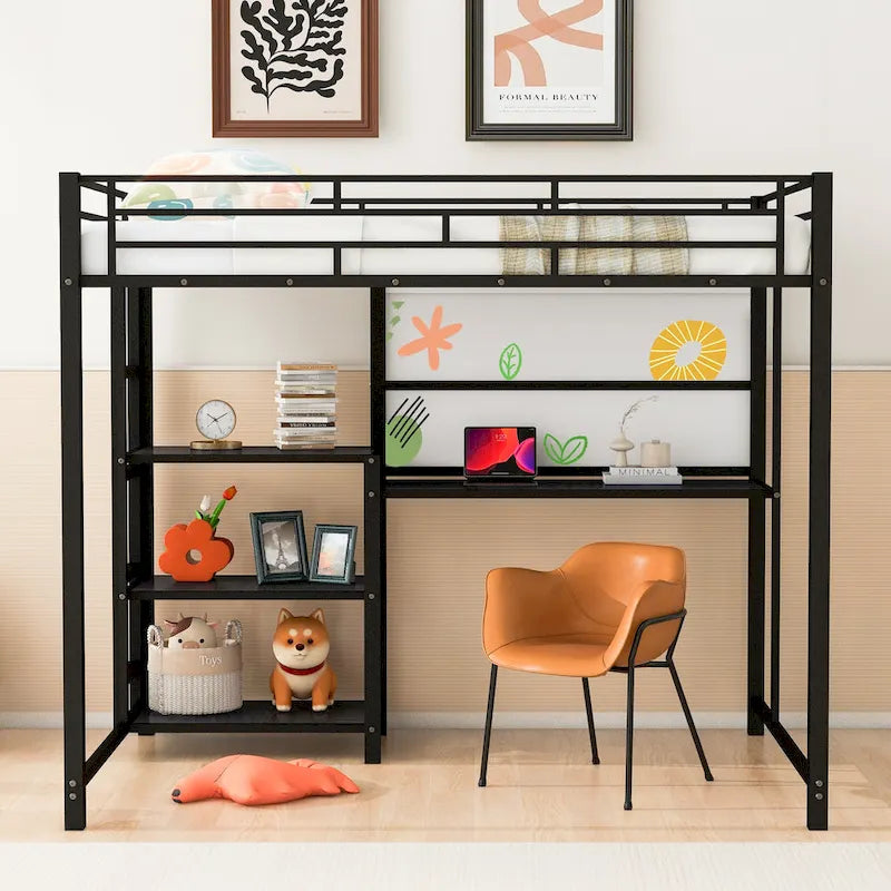 Lit mezzanine en métal avec 3 étagères et échelle