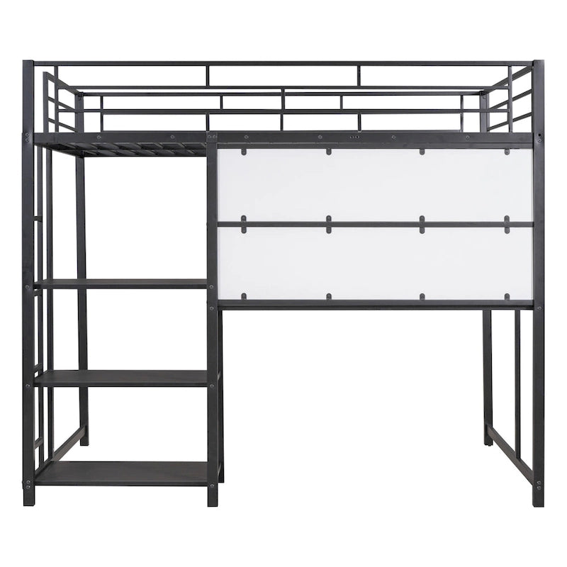 Lit mezzanine en métal avec 3 étagères et échelle