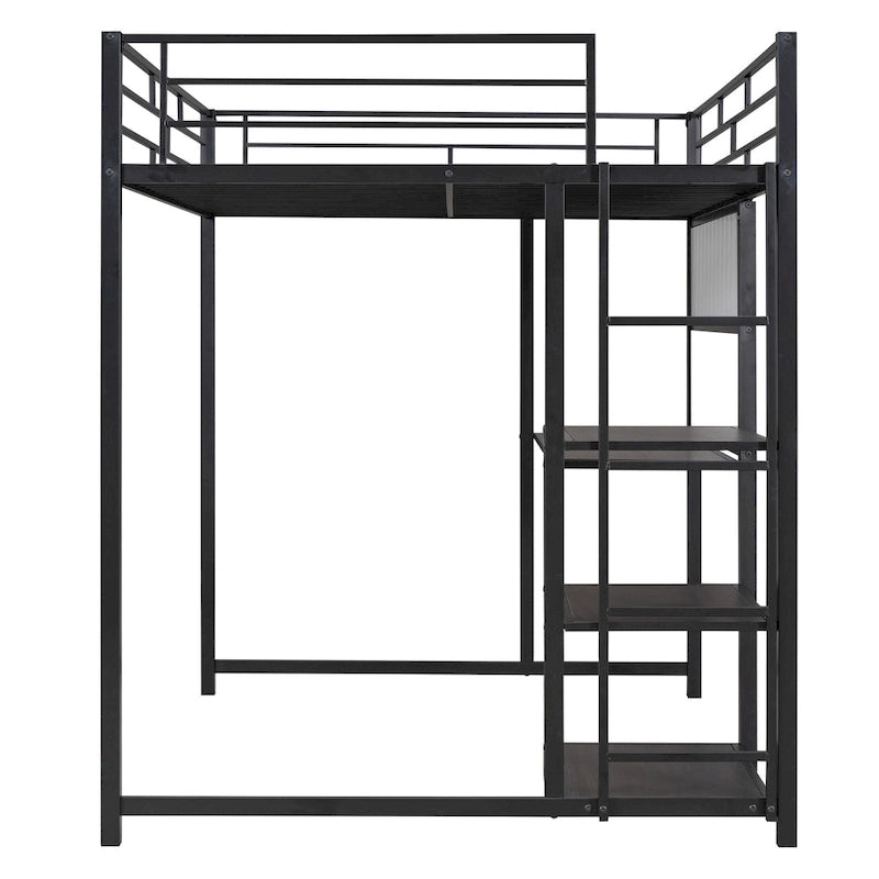Lit mezzanine en métal avec 3 étagères et échelle