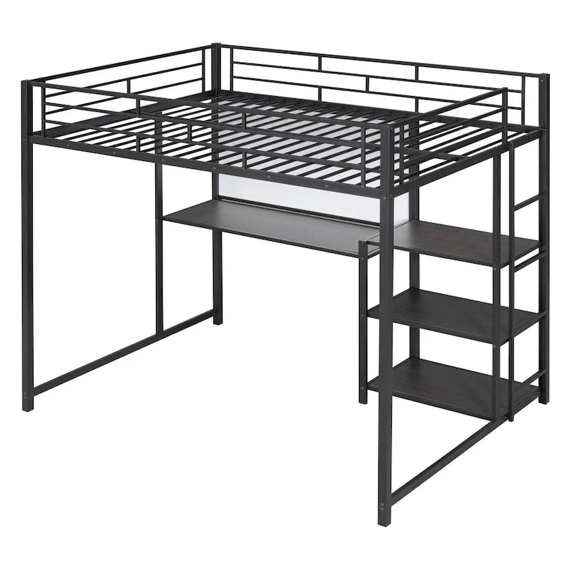 Lit mezzanine en métal avec 3 étagères et échelle