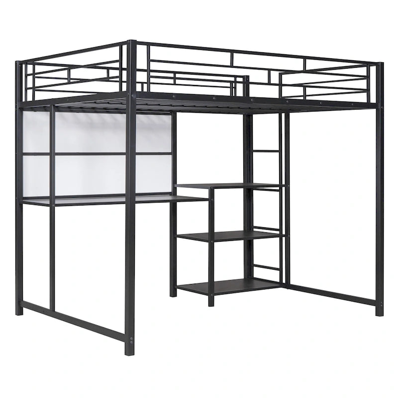 Lit mezzanine en métal avec 3 étagères et échelle