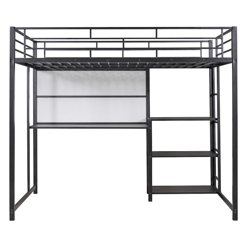 Lit mezzanine en métal avec 3 étagères et échelle