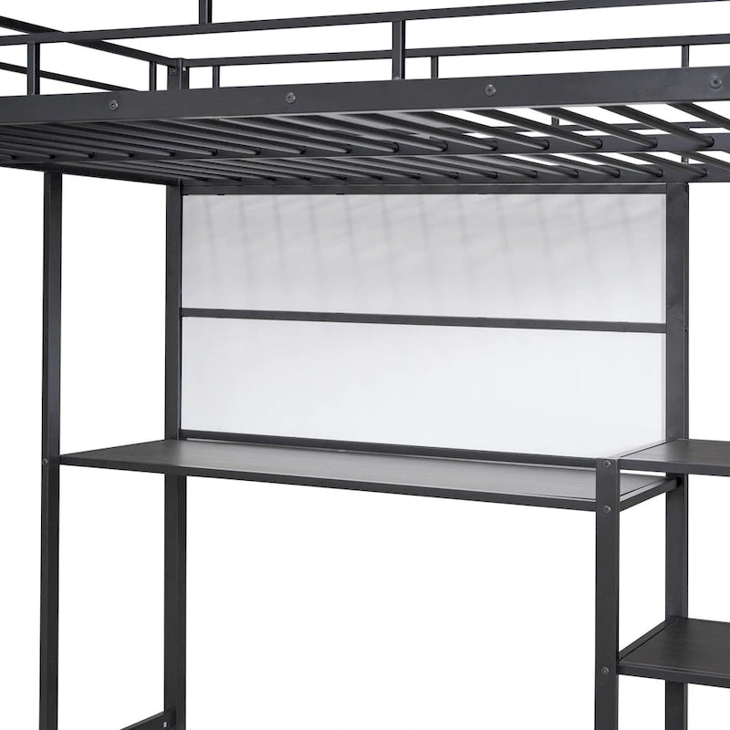 Lit mezzanine en métal avec 3 étagères et échelle