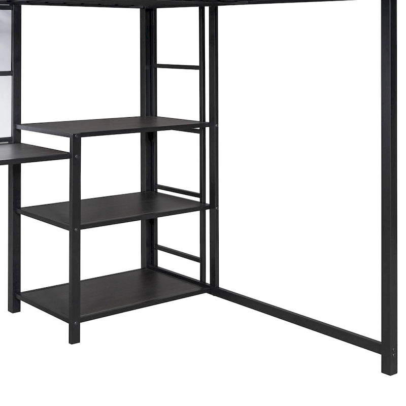 Lit mezzanine en métal avec 3 étagères et échelle