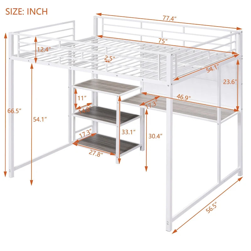 Lit mezzanine en métal avec 3 étagères et échelle