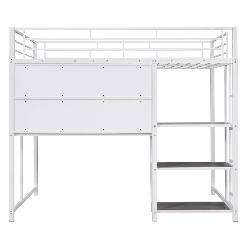 Lit mezzanine en métal avec 3 étagères et échelle