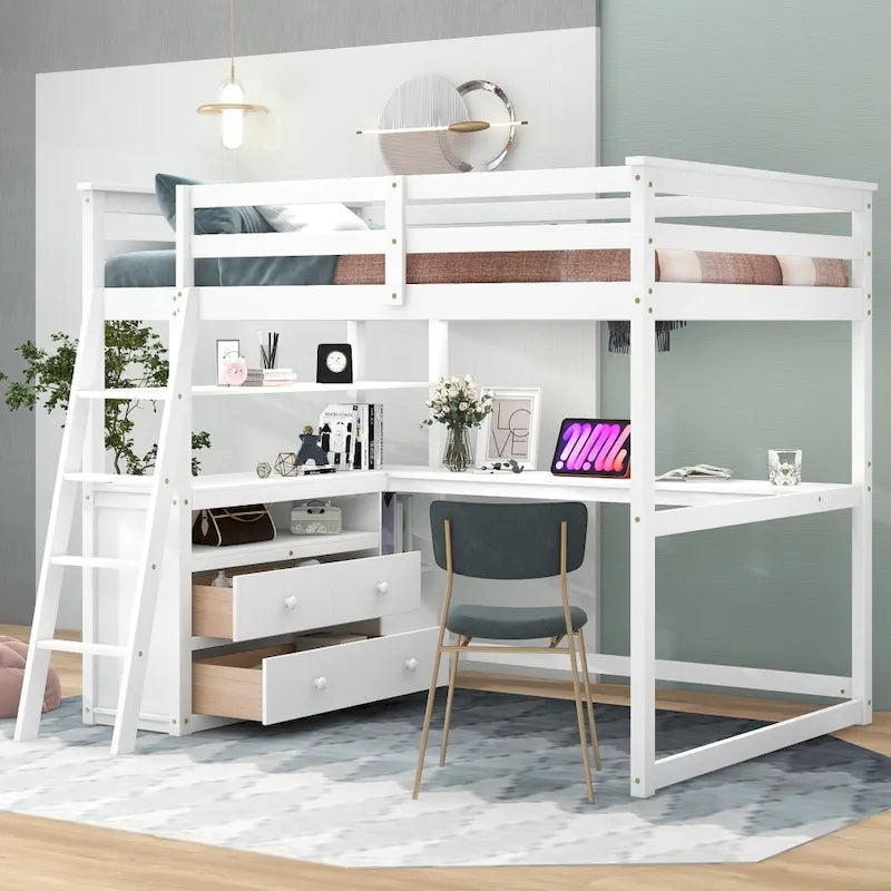 Lit mezzanine grand format avec bureau et étagères