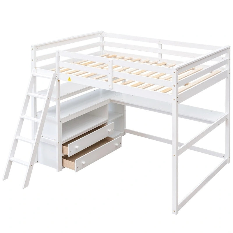 Lit mezzanine grand format avec bureau et étagères