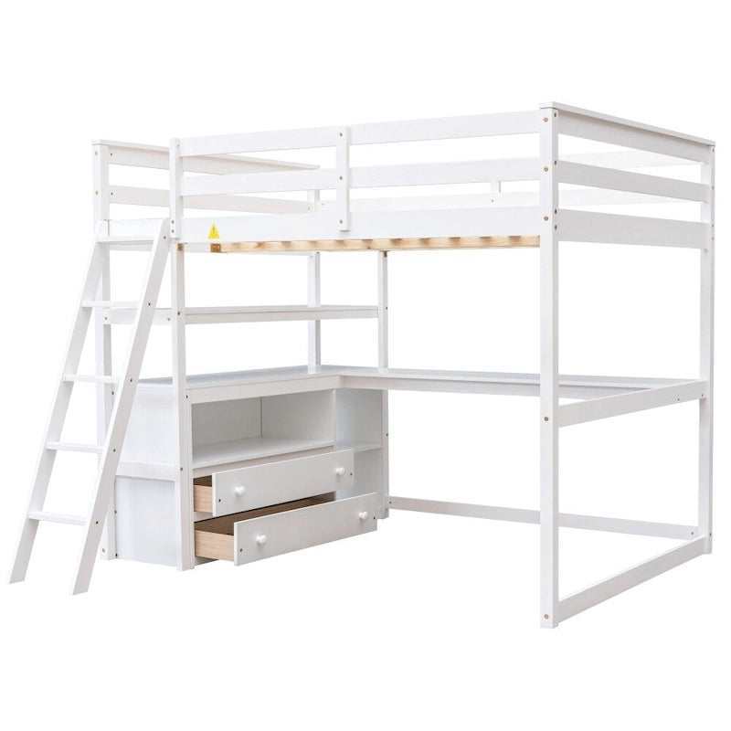 Lit mezzanine grand format avec bureau et étagères