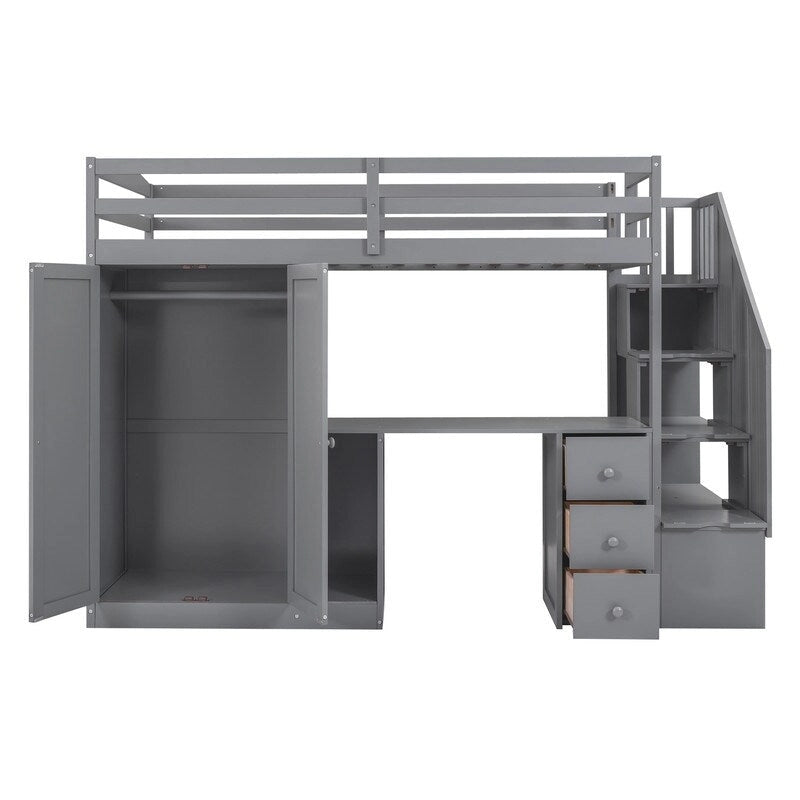 Lit mezzanine en bois, taille double, avec armoire et escalier, bureau et tiroirs de rangement et armoire en 1