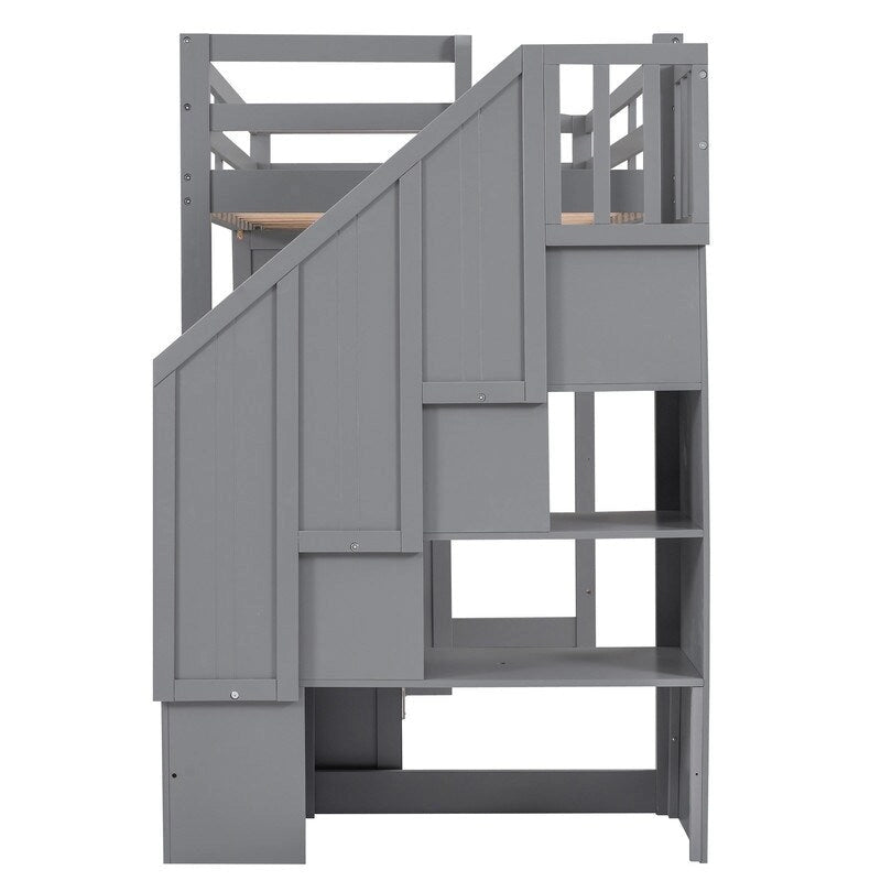Lit mezzanine en bois, taille double, avec armoire et escalier, bureau et tiroirs de rangement et armoire en 1