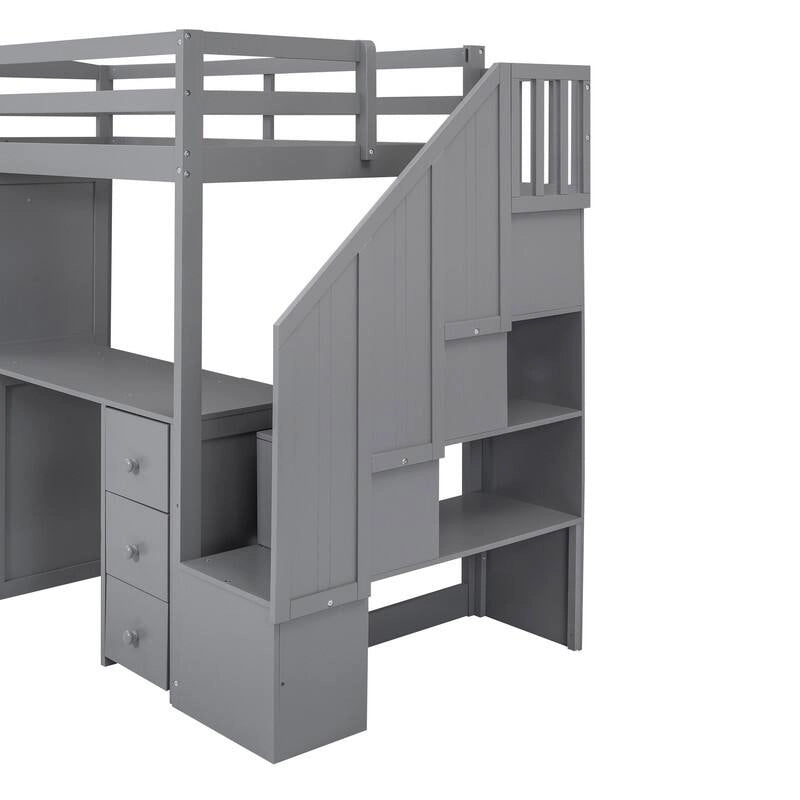 Lit mezzanine en bois, taille double, avec armoire et escalier, bureau et tiroirs de rangement et armoire en 1