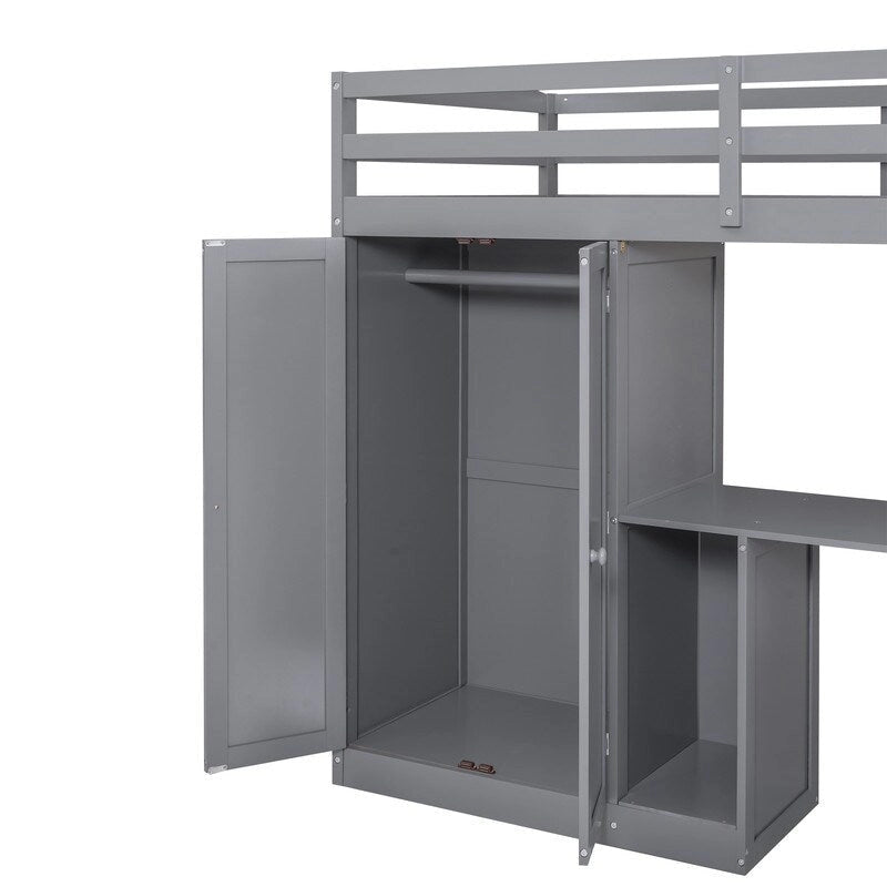 Lit mezzanine en bois, taille double, avec armoire et escalier, bureau et tiroirs de rangement et armoire en 1