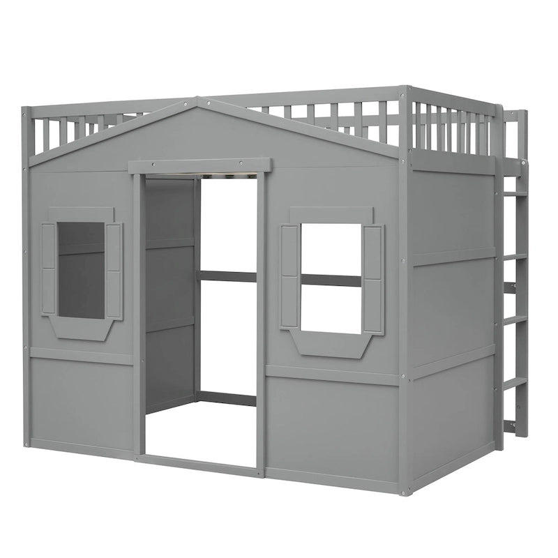 Lit cabane pleine grandeur avec échelle - gris