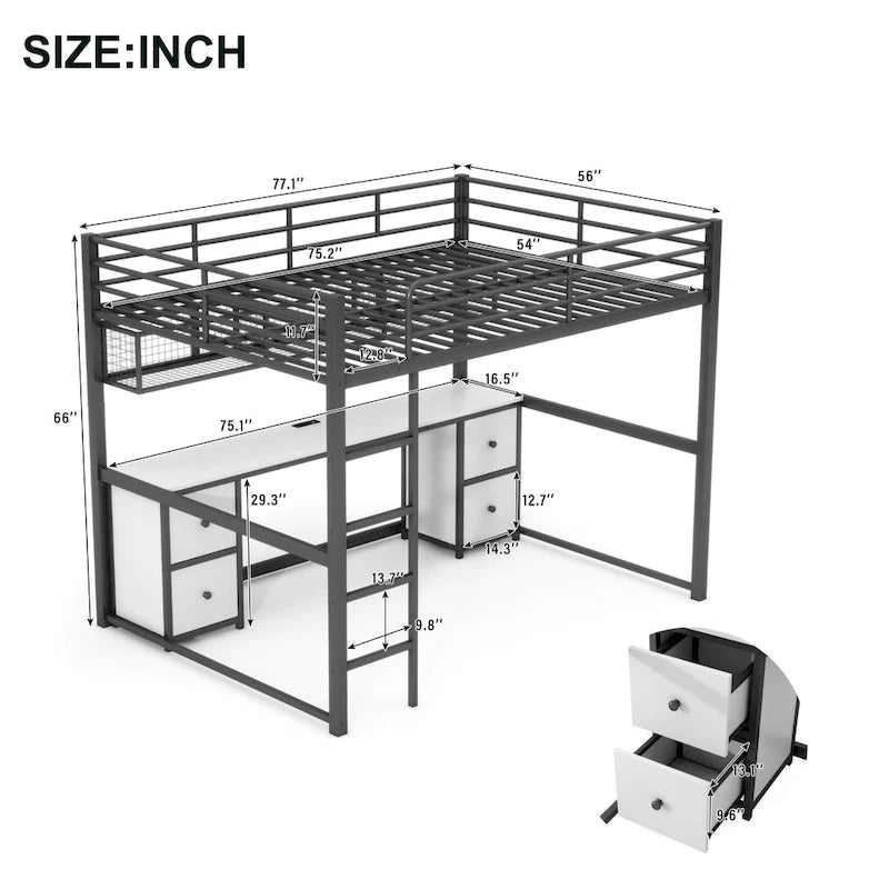 Lit mezzanine en métal pleine grandeur avec bureau, tiroirs et plateau de chevet, station de recharge, USB et prise de courant noirs