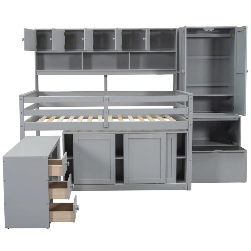 Lit mezzanine en bois pleine grandeur grand rangement avec bureau sous le lit, avec tiroirs, avec étagères, gris