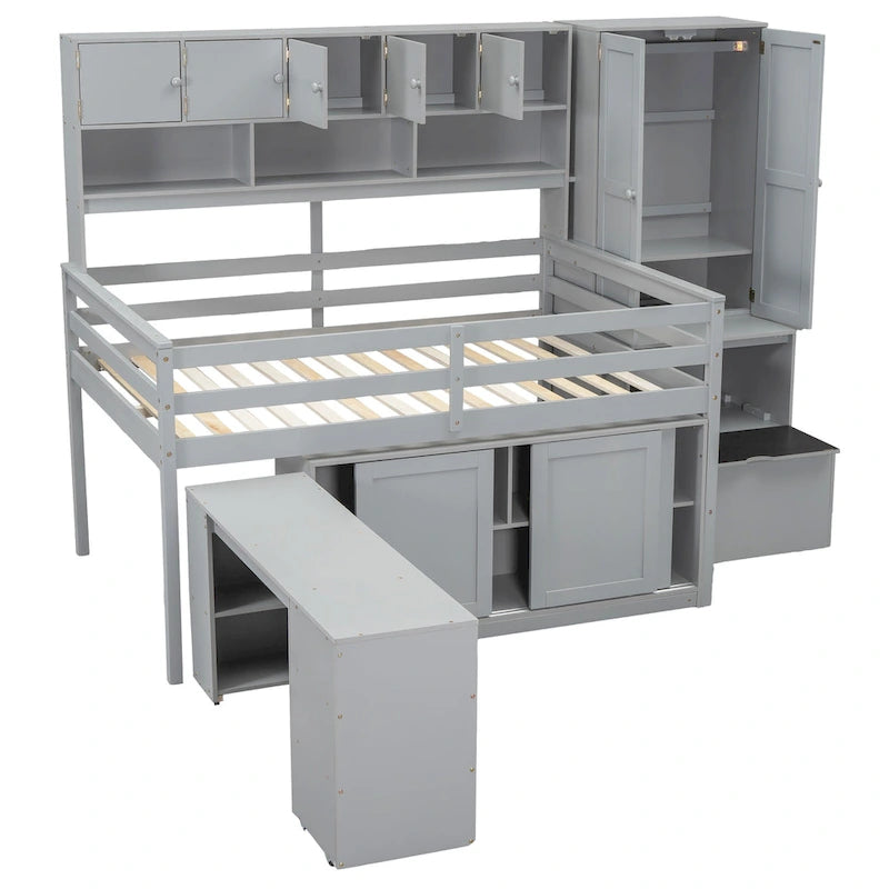 Lit mezzanine en bois pleine grandeur grand rangement avec bureau sous le lit, avec tiroirs, avec étagères, gris
