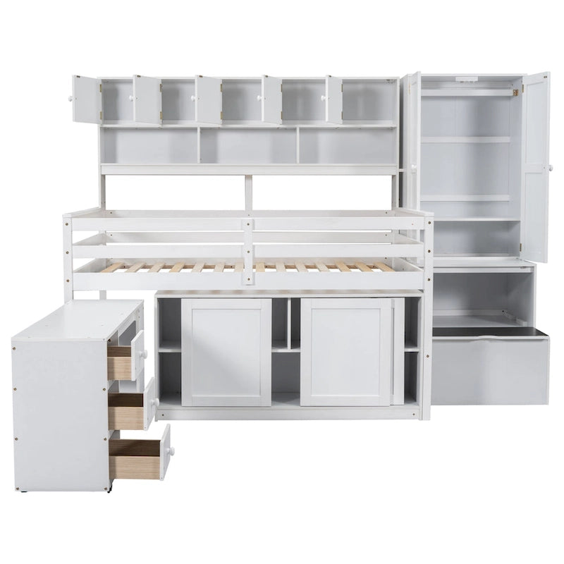 Lit mezzanine en bois pleine grandeur grand rangement avec bureau sous le lit, avec tiroirs, avec étagères, gris