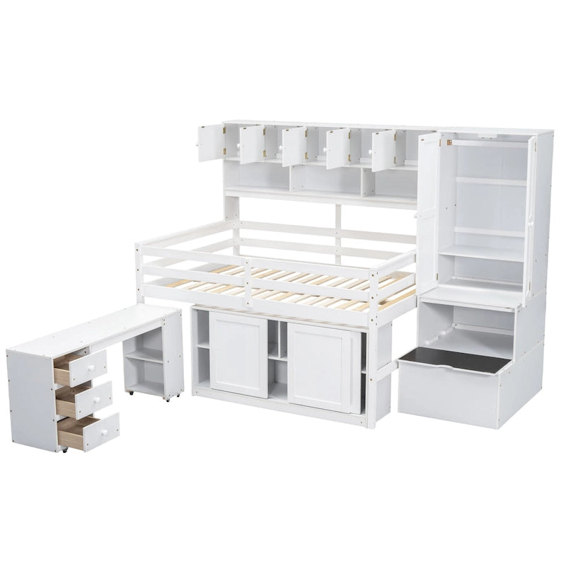 Lit mezzanine en bois pleine grandeur grand rangement avec bureau sous le lit, avec tiroirs, avec étagères, gris