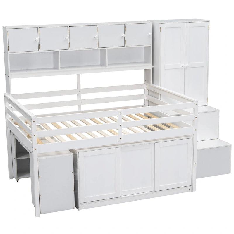 Lit mezzanine en bois pleine grandeur grand rangement avec bureau sous le lit, avec tiroirs, avec étagères, gris