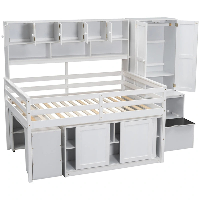 Lit mezzanine en bois pleine grandeur grand rangement avec bureau sous le lit, avec tiroirs, avec étagères, gris